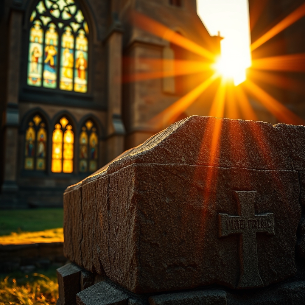 Professional photograph of an ancient stone cathedral bathed in golden light, with a prominent cross atop the spire and a weathered engraved cornerstone in the foreground, symbolizing Christ as the unshakable foundation of the Church.