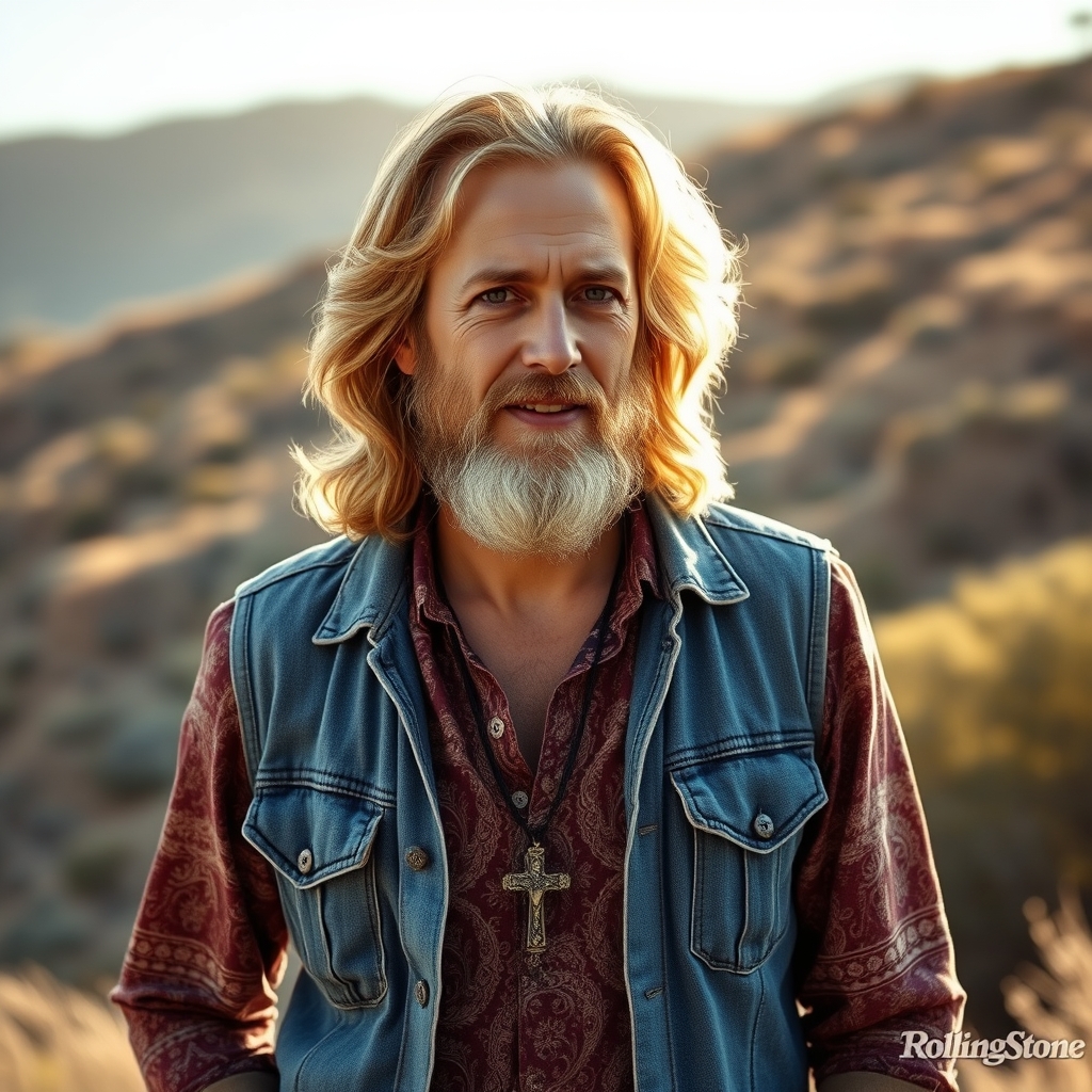 Professional portrait photograph of Lonnie Frisbee as a young charismatic evangelist with long blond hair and a beard, standing outdoors in natural California light during the 1970s.