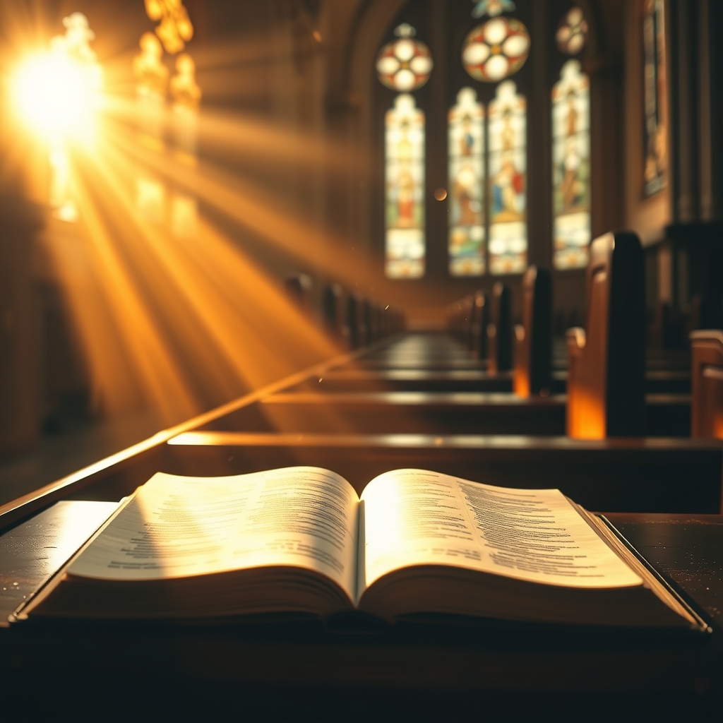 Reverent Catholic church interior with golden sunlight streaming through stained glass onto an open Bible, evoking warmth, faith, and spiritual reflection