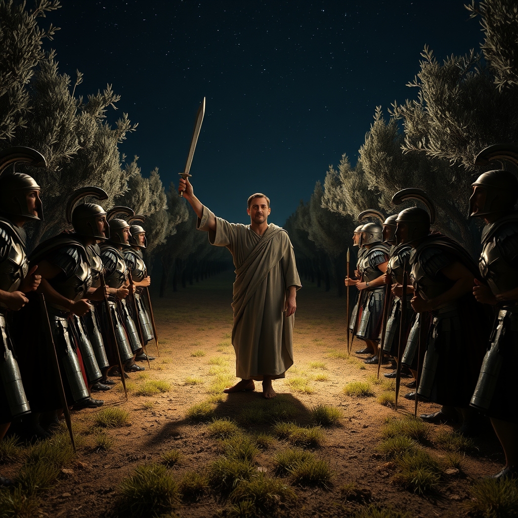 Roman soldiers falling backward in shock in a moonlit olive grove, with a calm man in a robe standing in the center, his hand raised.