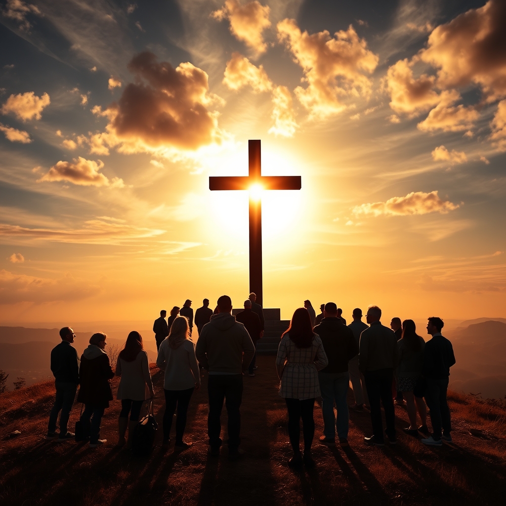 Silhouettes of people standing on a hilltop looking toward a cross during golden hour, with a dramatic sky in the background.