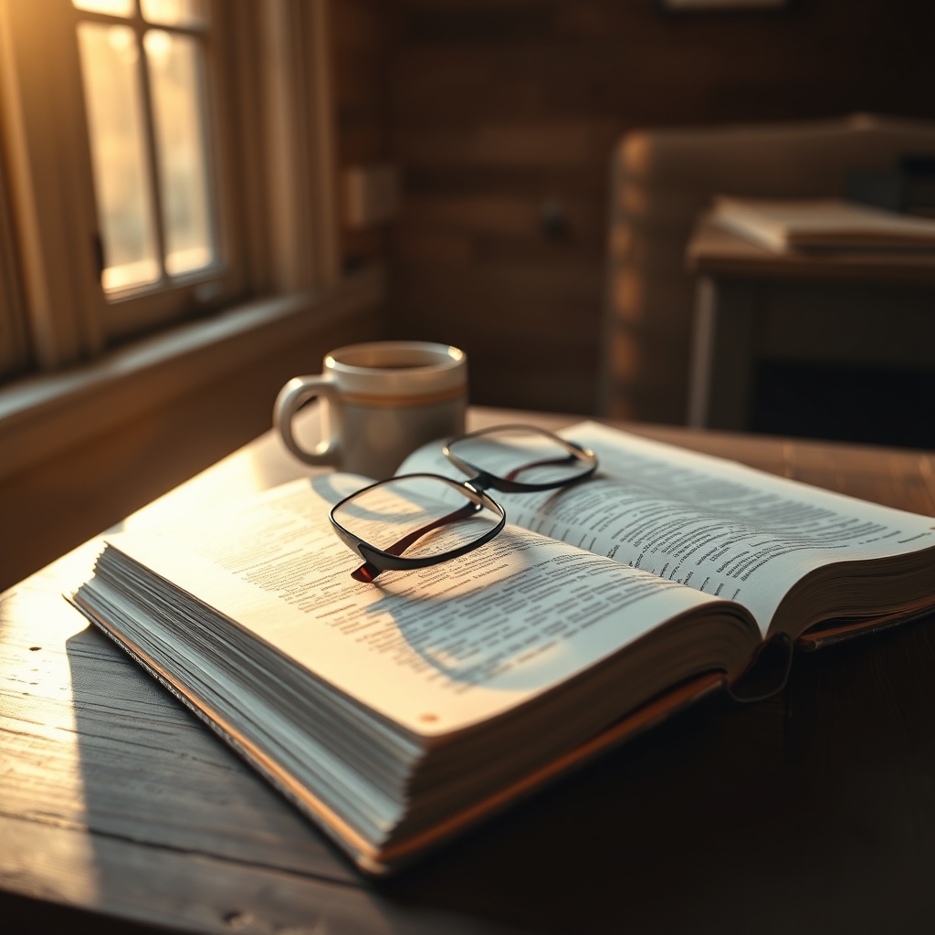 Sunlit open Bible on a wooden table photographed in photorealistic stock photo style.