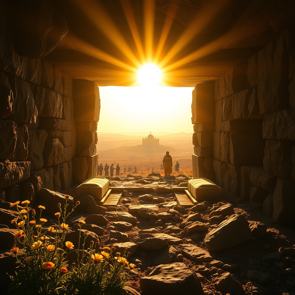 Sunrise at an empty stone tomb with folded burial cloths inside and brilliant golden light streaming through, symbolizing Christ's victory over death
