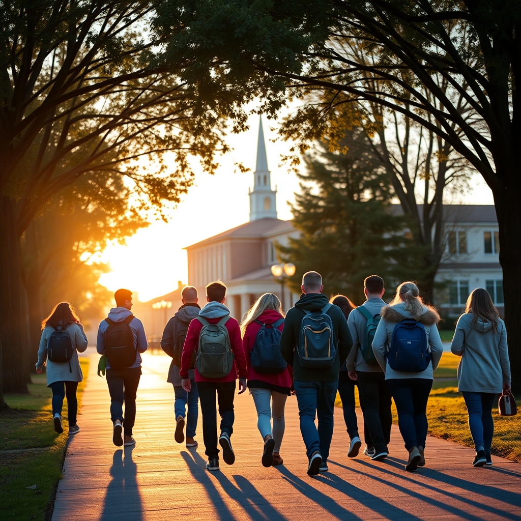 Sunrise over a seminary campus as diverse young Latter-day Saint students walk together on a tree-lined pathway.
