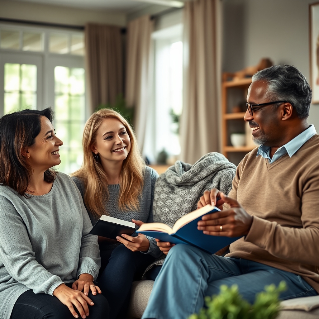 Three adults, two women and one man, sitting together in a living room, engaged in warm conversation, with soft natural light from a window and a Bible resting on the table