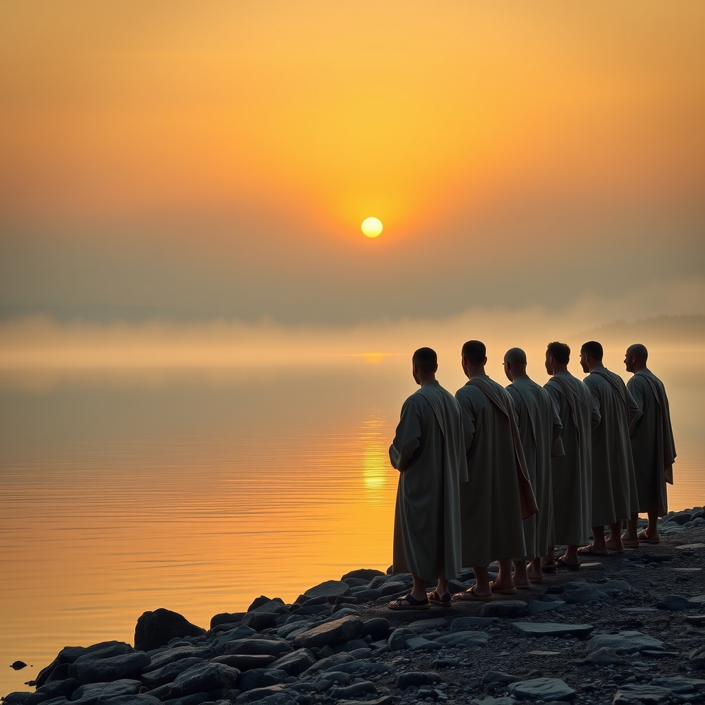 Twelve men in ancient robes standing on a rocky lakeshore at sunrise, looking out over calm water reflecting golden light