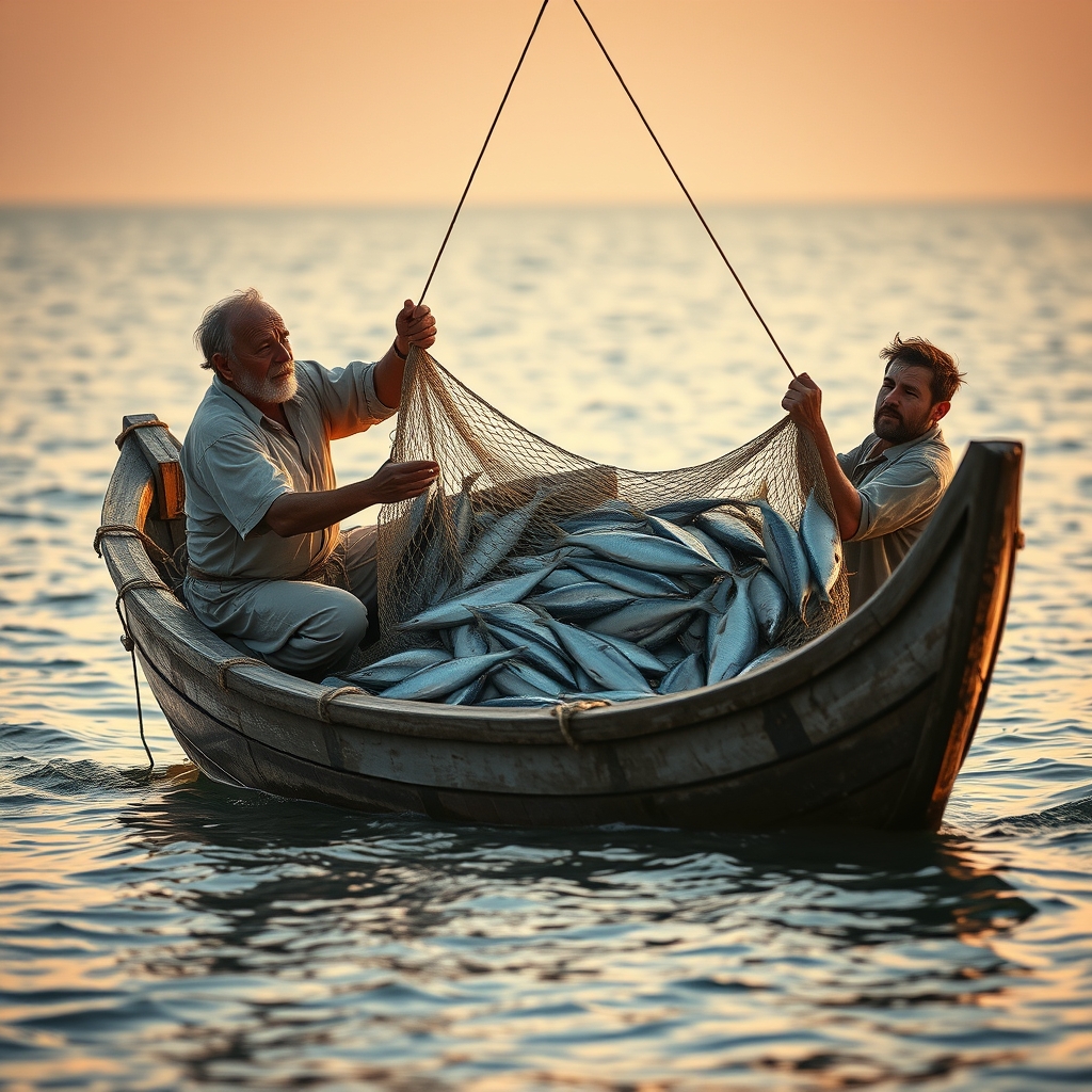 Two fishermen in a wooden boat hauling an overflowing net of silvery fish during golden hour at dawn on the water