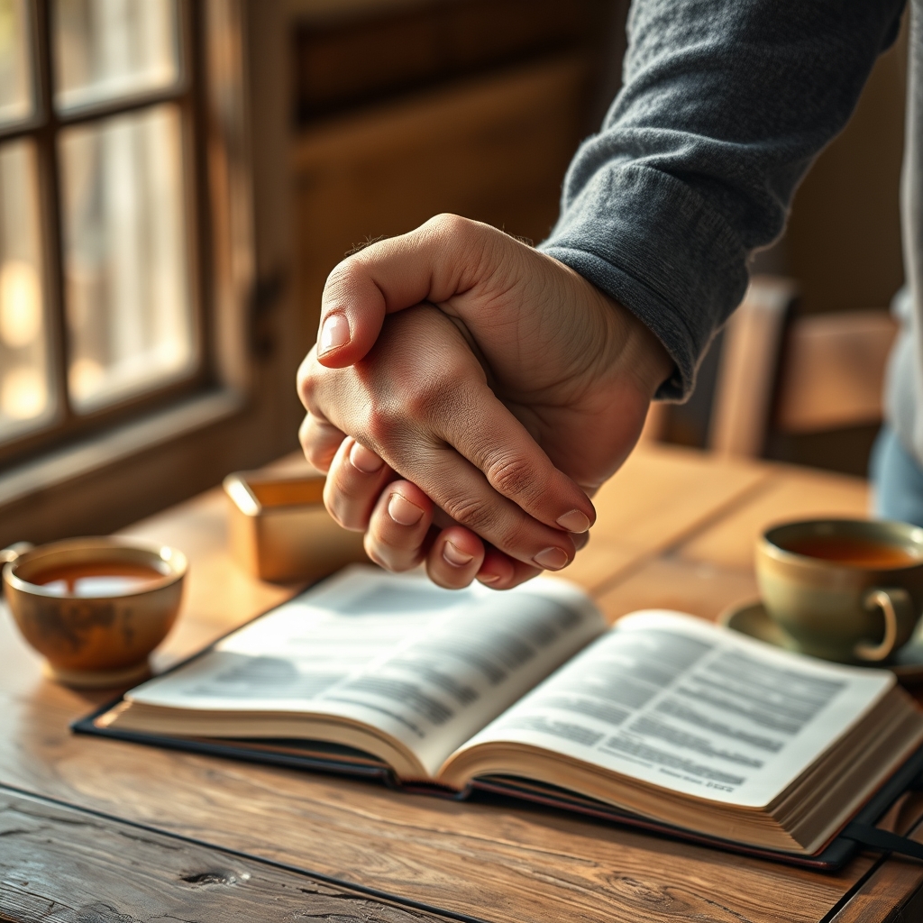 Two hands clasped together over an open Bible on a wooden table, symbolizing the different types of love expressed between Jesus and Peter in John 21.