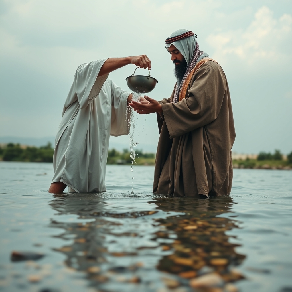Two men standing in a river where one pours water over the other in a baptism scene illuminated by diffused natural daylight.