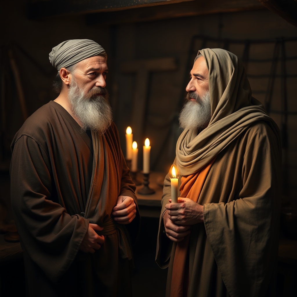 Two middle-aged Middle Eastern men in ancient robes speaking respectfully by candlelight, representing Joseph of Arimathea and Nicodemus sharing a solemn moment of devotion.