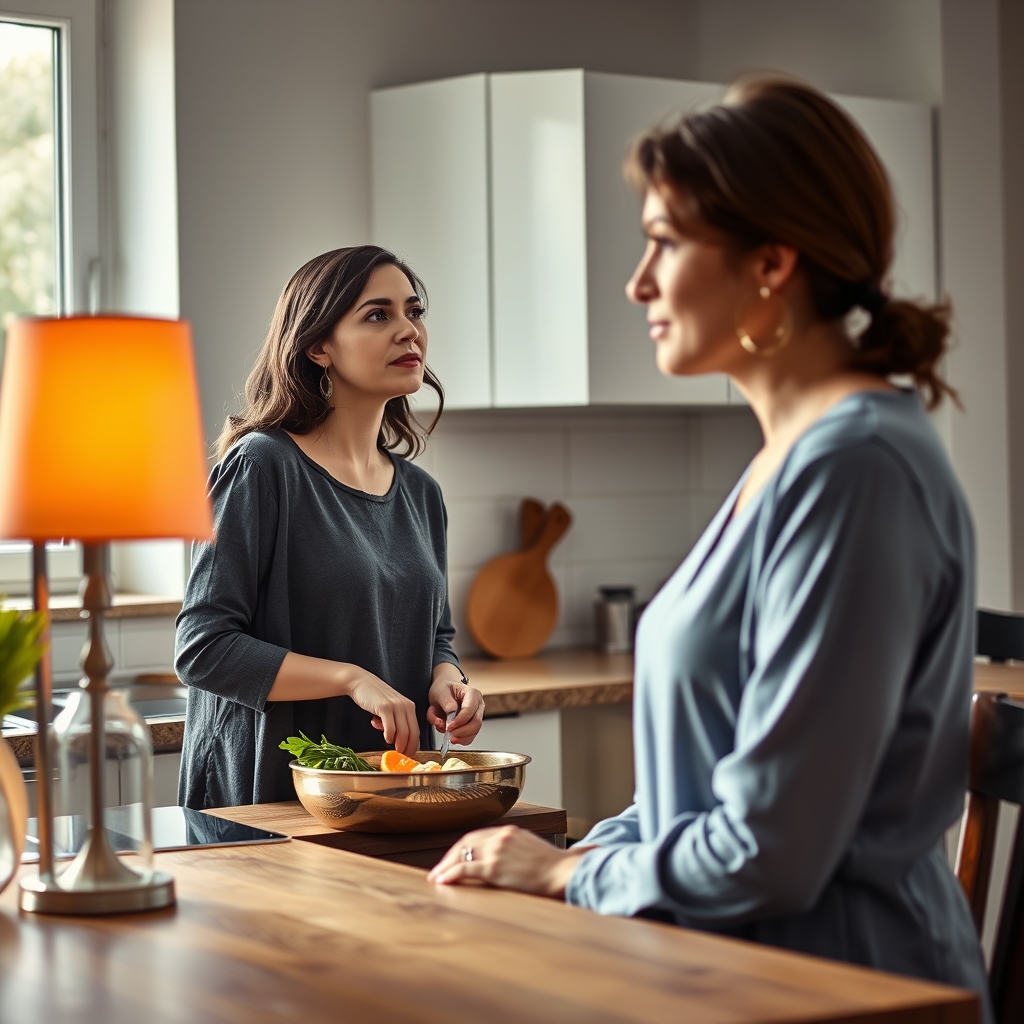 Two women in a modern kitchen. One is providing hospitality while the other sits and listens quietly.
