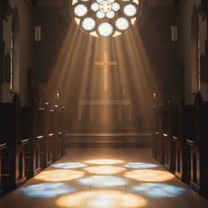 Warm golden light streaming through a stained glass window in a quiet church, illuminating dust particles in the air and casting a gentle glow across wooden pews toward a simple cross in the background
