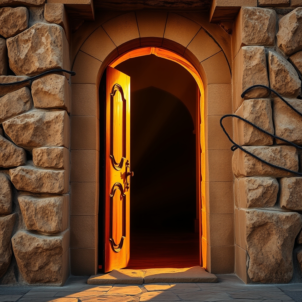 Warm golden light streaming through an ancient slightly-open wooden doorway, evoking a reverent atmosphere of Jesus appearing to His frightened disciples behind locked doors after the resurrection, symbolizing peace, hope, and divine presence entering a place of fear.
