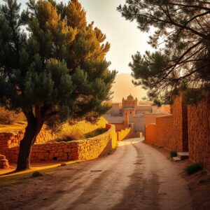 Warm sunlight illuminates an ancient stone path and a sycamore tree in a timeless Middle Eastern landscape, evoking the biblical encounter between Zacchaeus and Jesus—hope, transformation, and divine purpose.