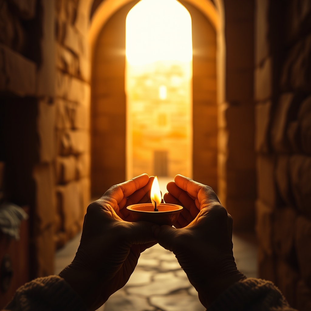 Weathered hands holding a glowing oil lamp near ancient stone walls at golden hour, symbolizing Jesus' unfailing love for Jerusalem.