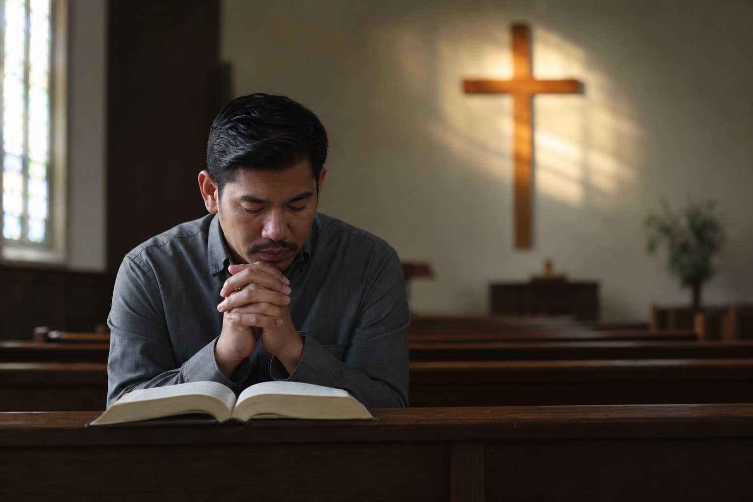 Adult Christian praying beside an open Bible and wooden cross