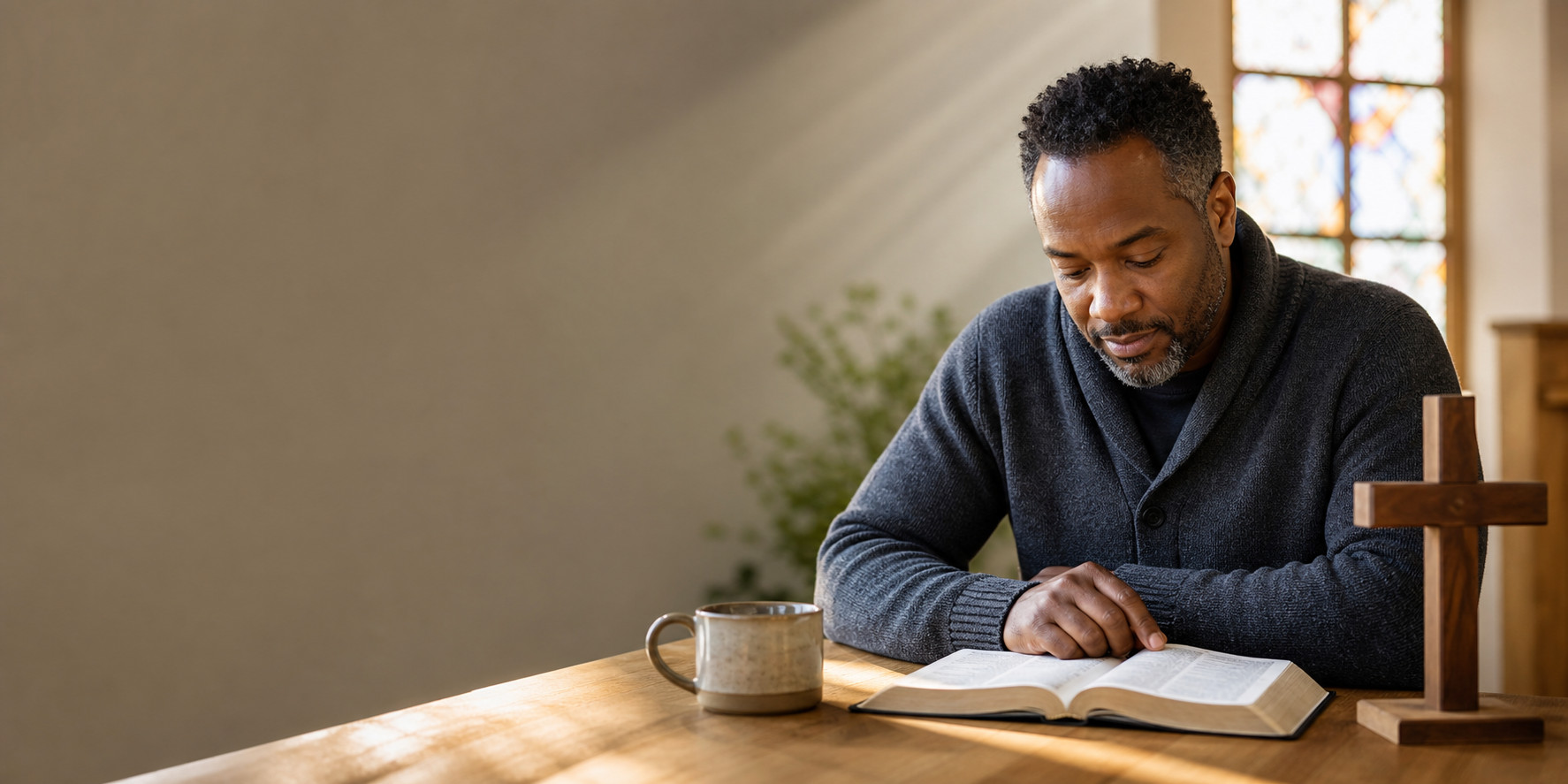 Adult Christian reading Bible beside cross and coffee