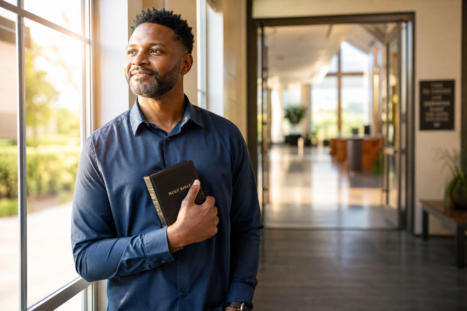 Adult holding a Bible in a church foyer near a window