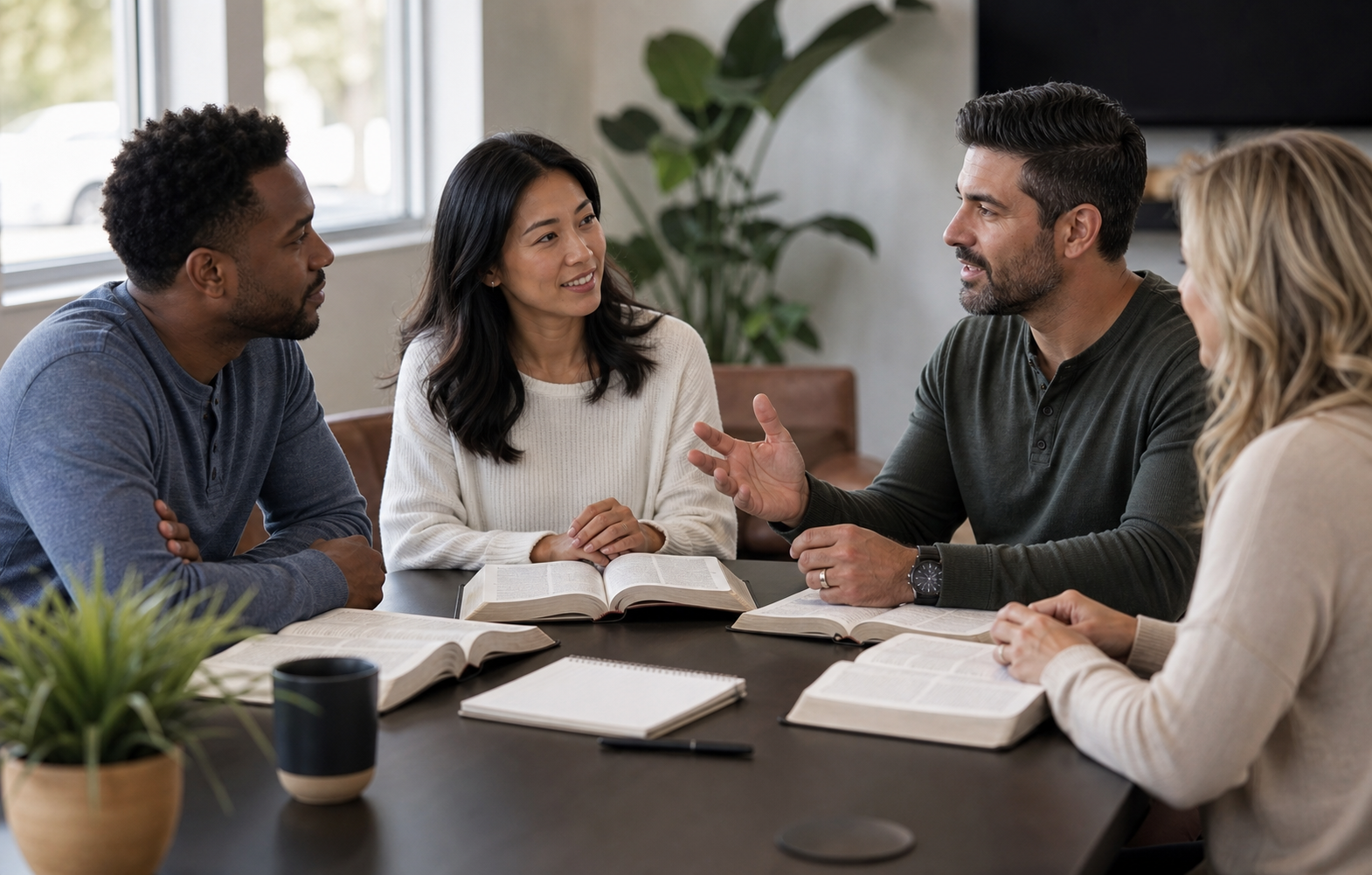 Adults studying Bibles together around a church table
