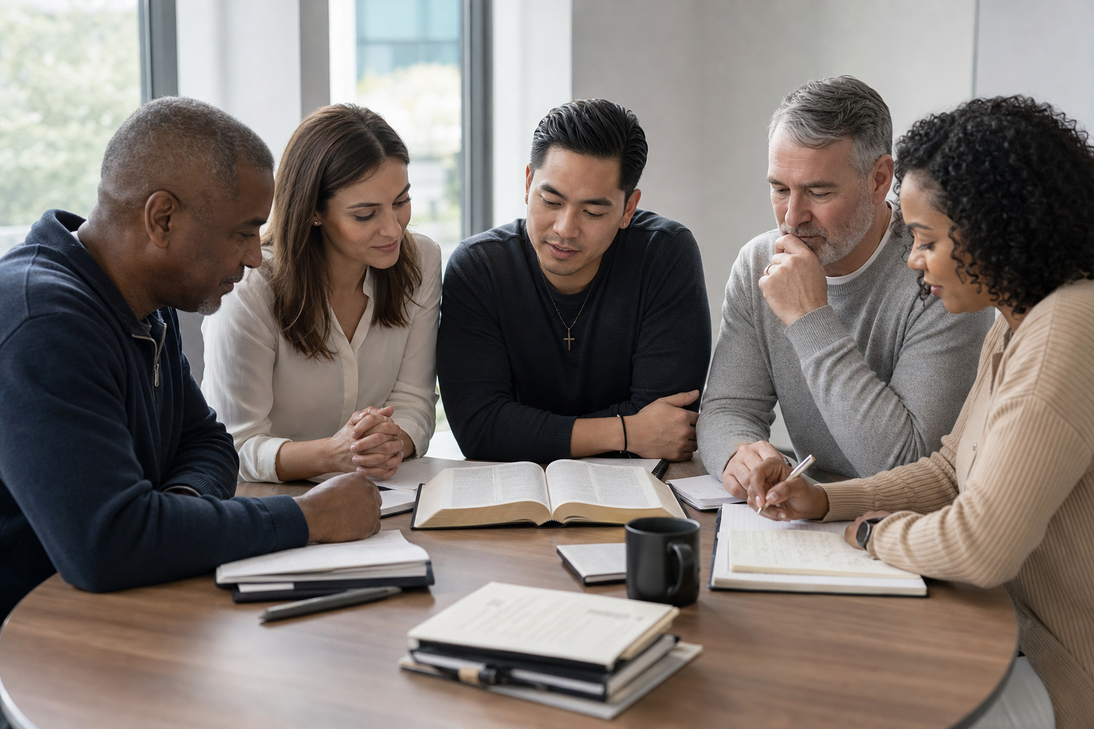 Adults studying John 11 around an open Bible