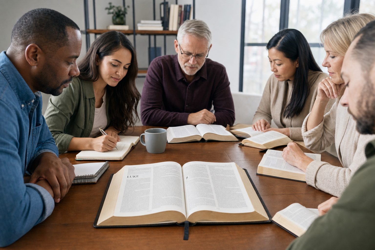 Adults studying Luke 8:1-3 around an open Bible