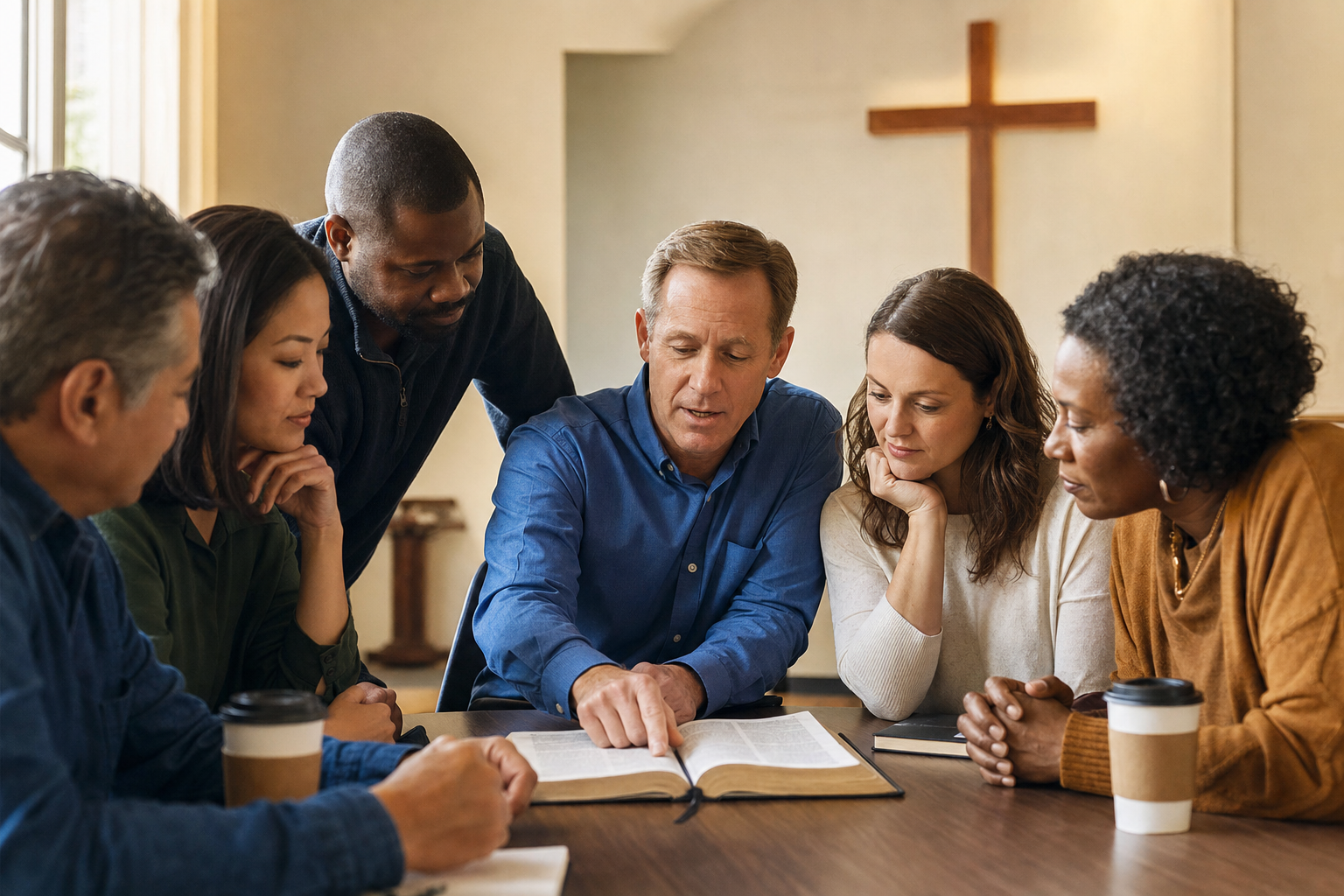 Adults studying Scripture near a cross