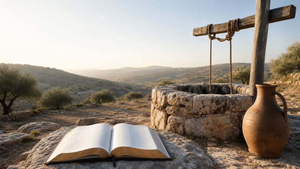 Ancient stone well with Bible and clay water jar