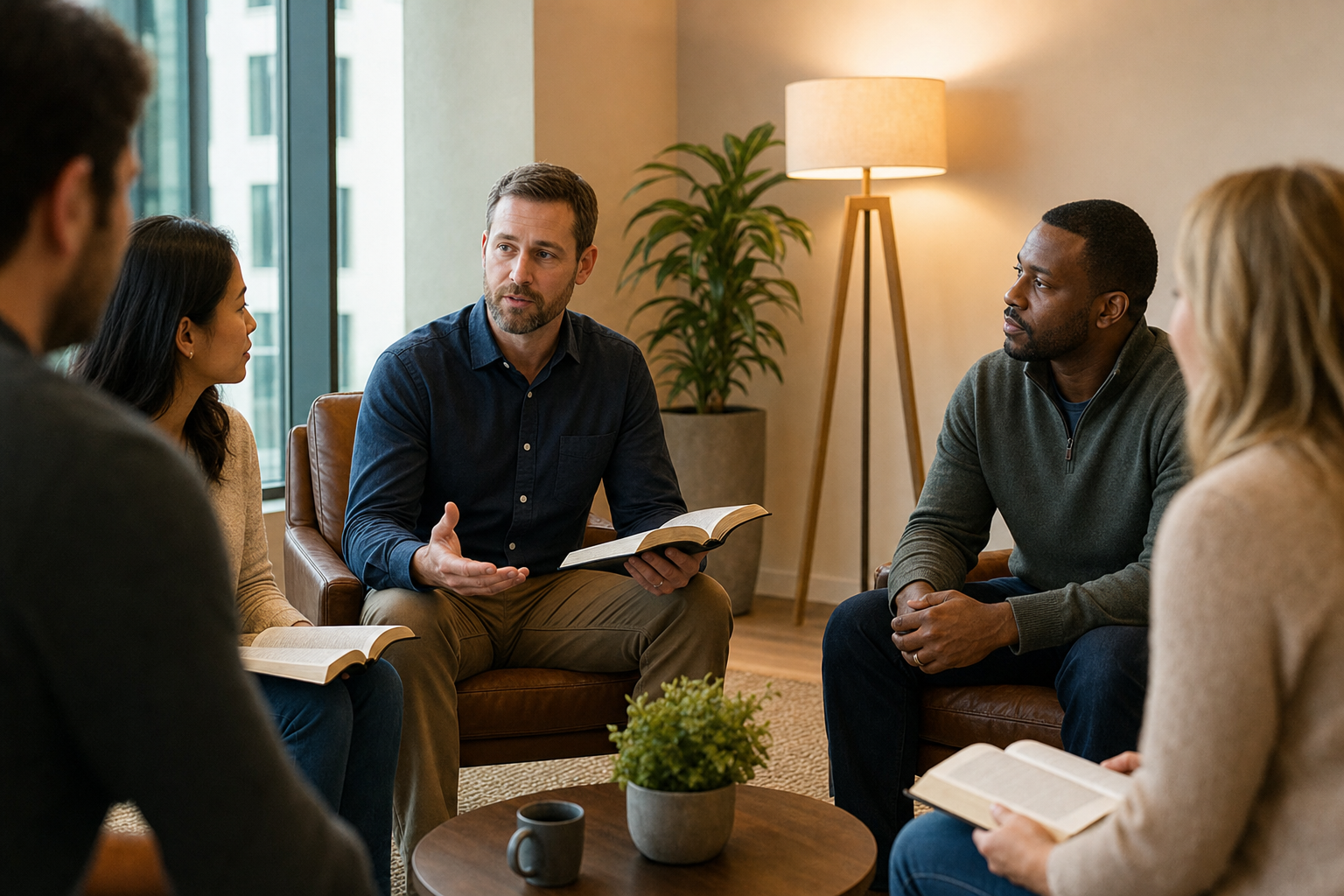 Bible teacher speaking to adults in a study group