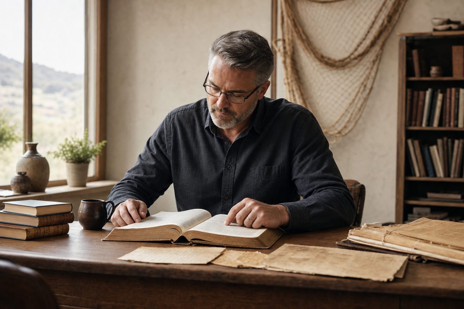 Biblical scholar reading an open Bible at desk