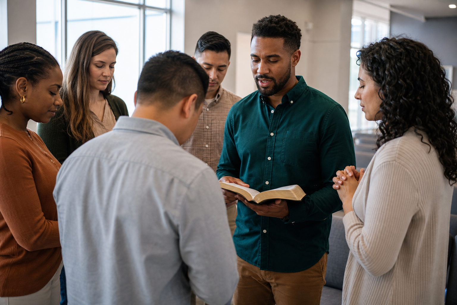 Christian adults gathered with an open Bible in fellowship