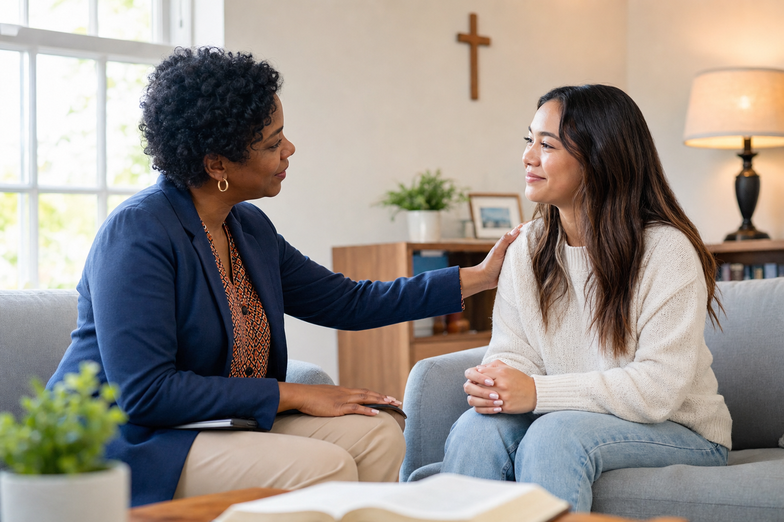 Christian counselor speaking with young adult in church room