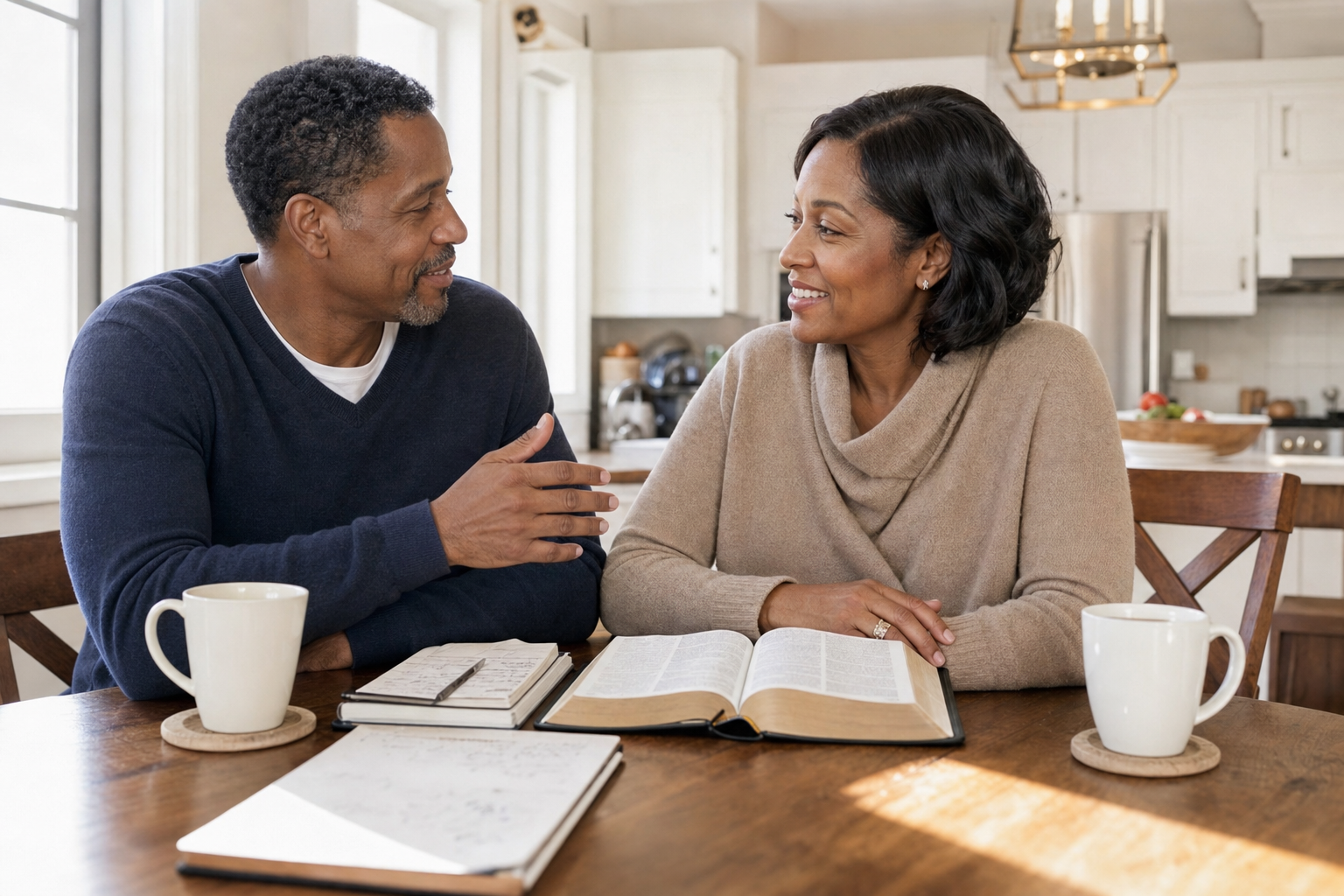 Christian couple studying an open Bible together