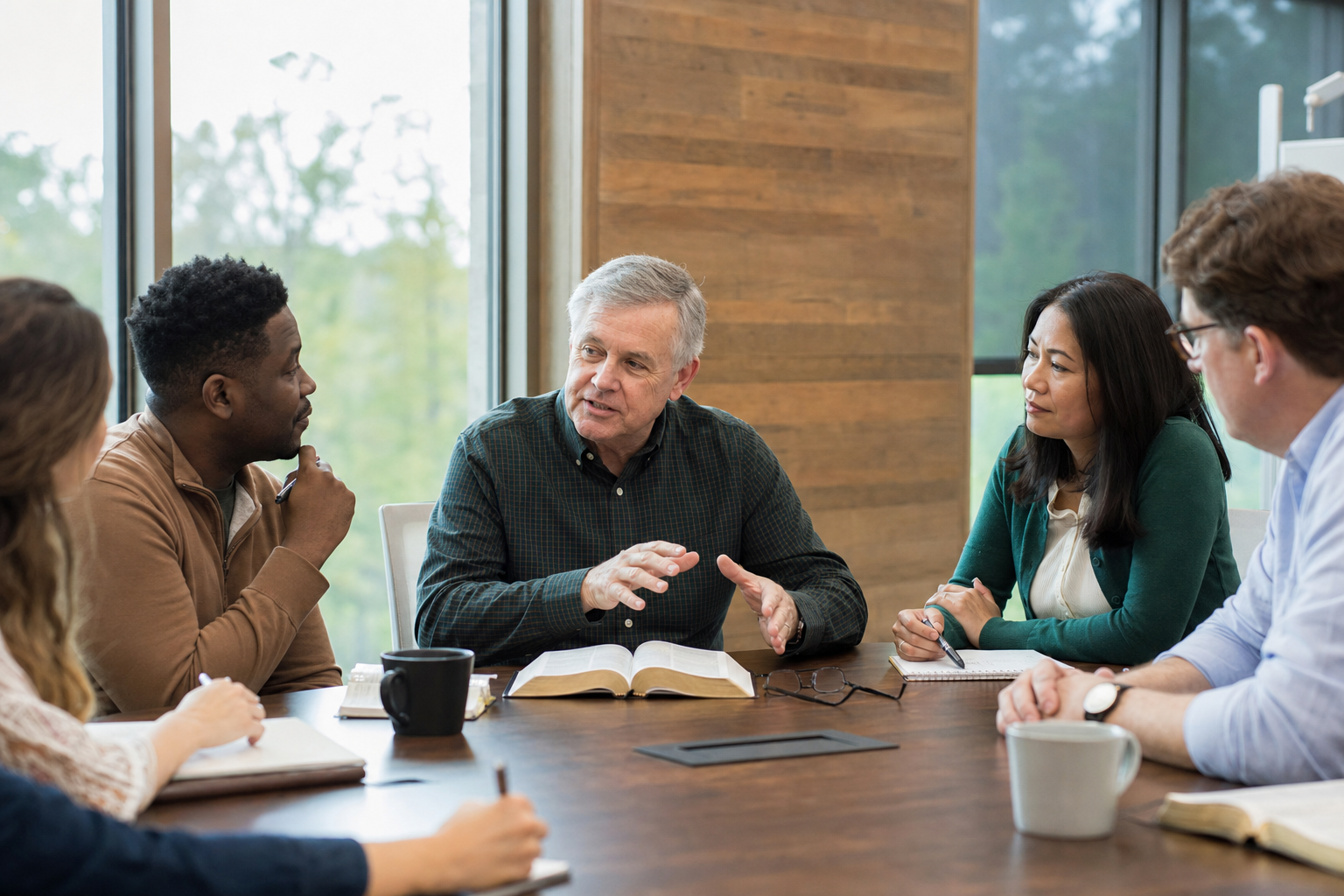 Christian mentor guiding adults through an open Bible