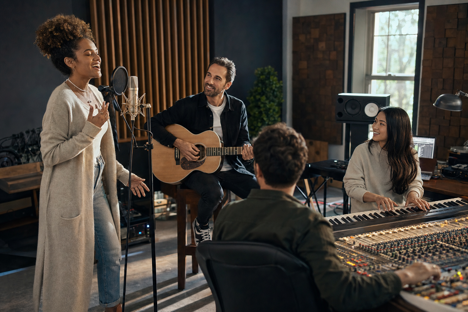 Christian music ensemble collaborating in recording studio