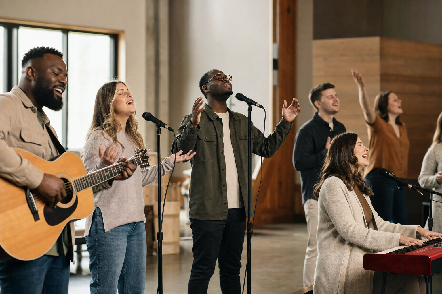 Christian musicians and worshippers singing with instruments