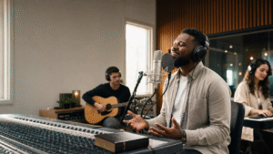 Christian musicians recording worship music in a studio