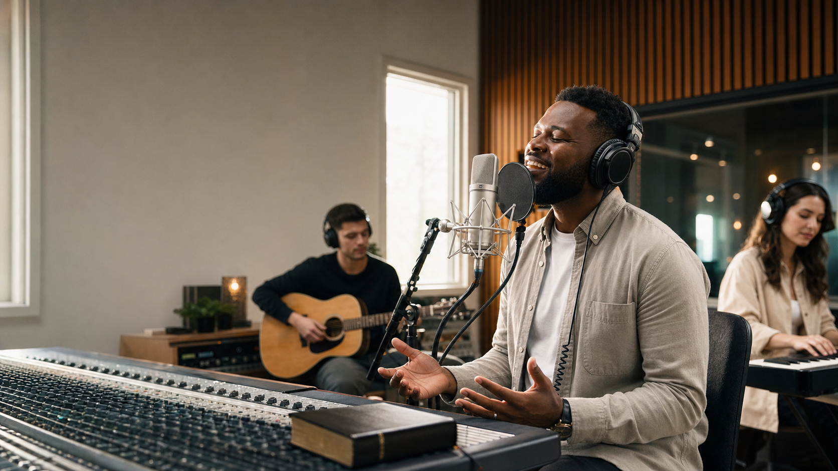 Christian musicians recording worship music in a studio