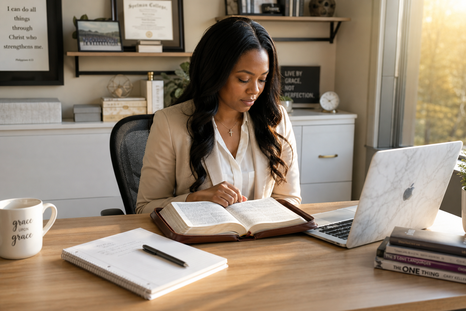 Christian professional reading the Bible beside a journal