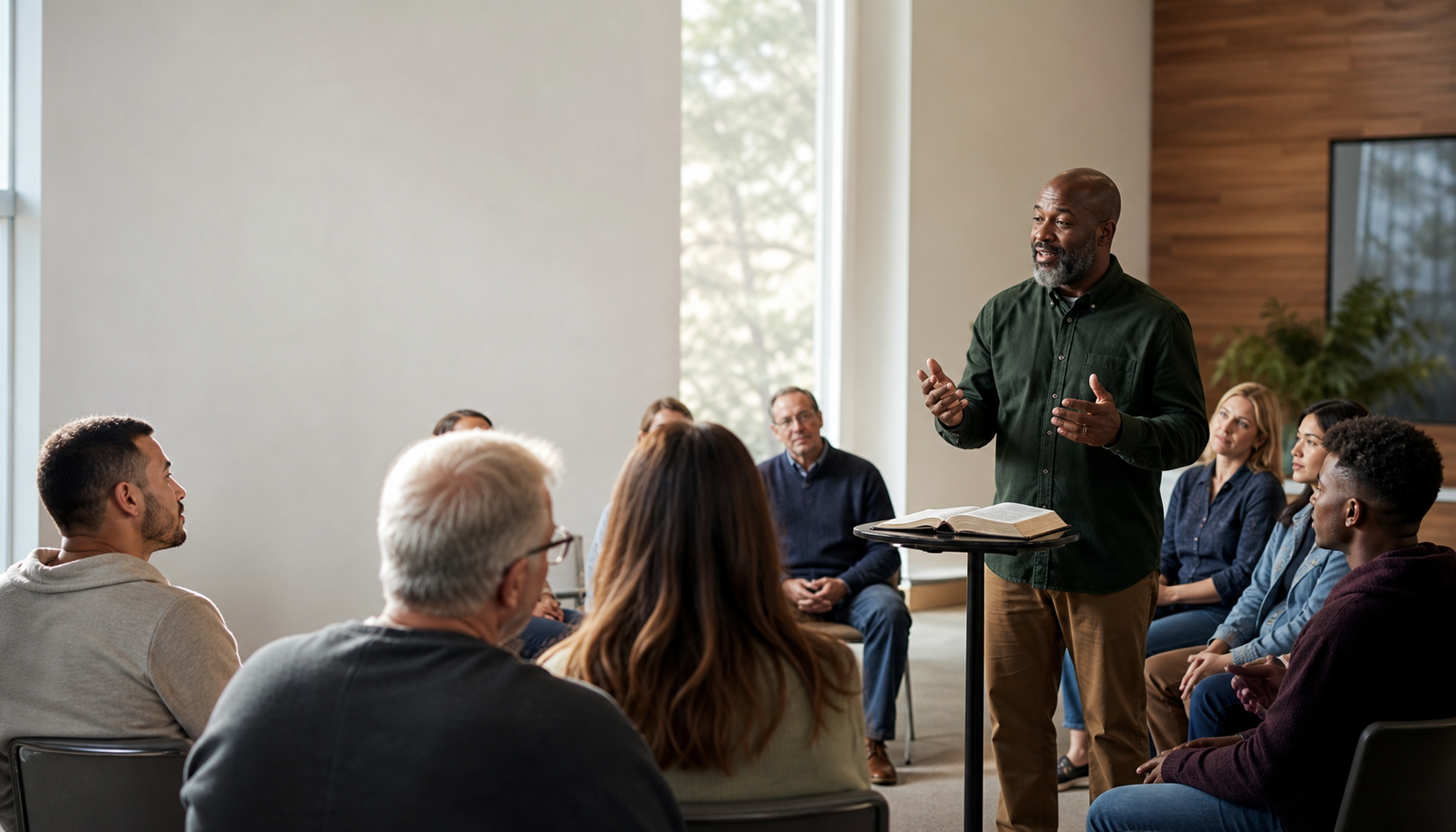 Christians and seekers listening to a pastor beside an open Bible