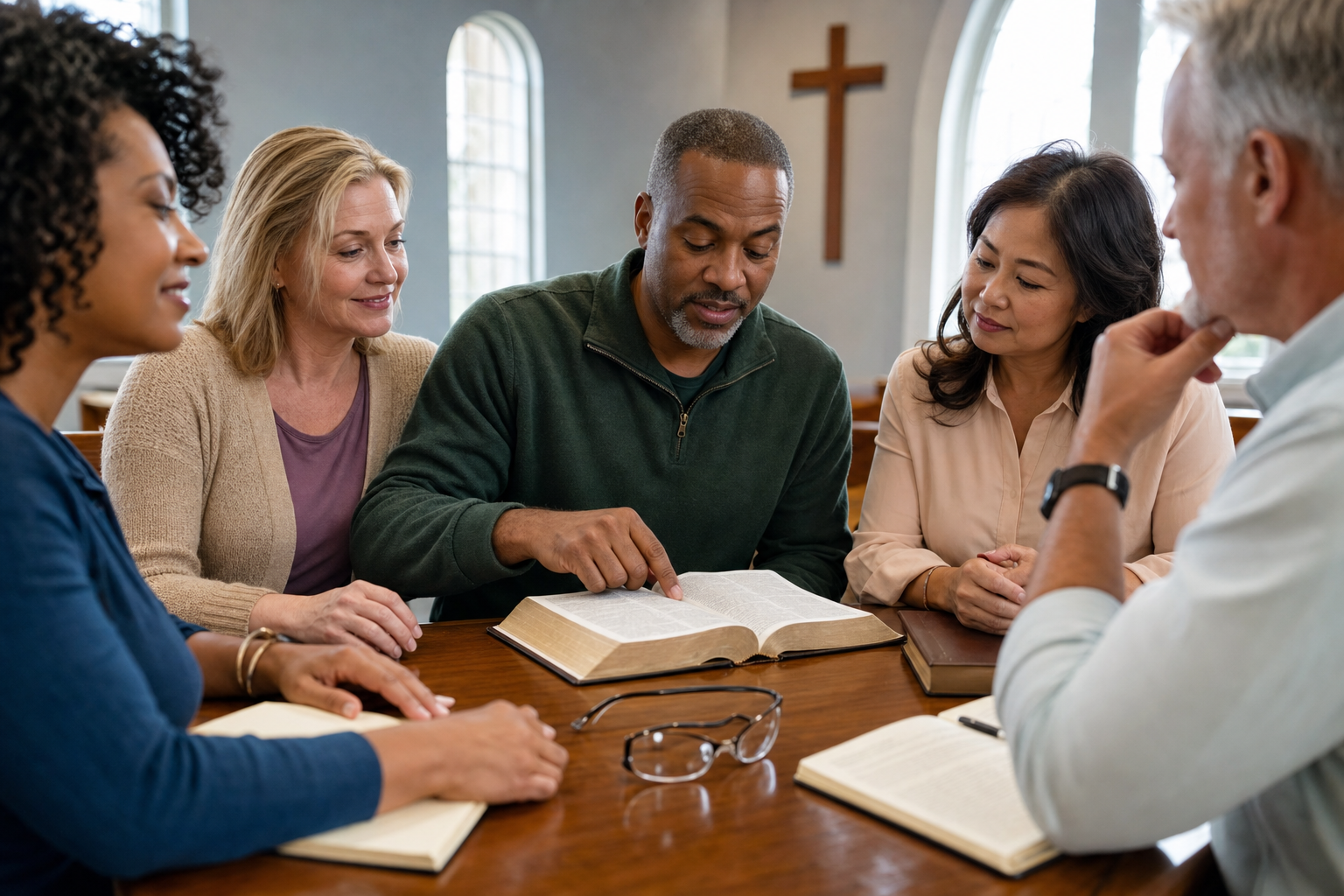 Christians studying an open Bible with eyeglasses nearby