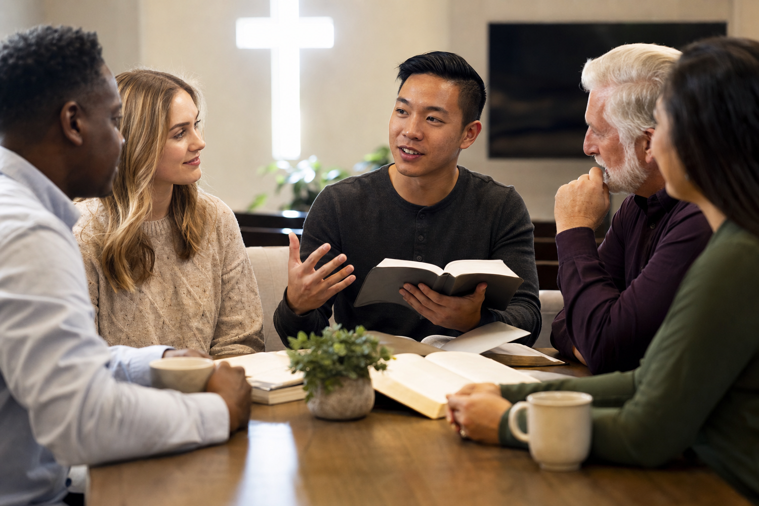 Christians studying the Bible together around a table