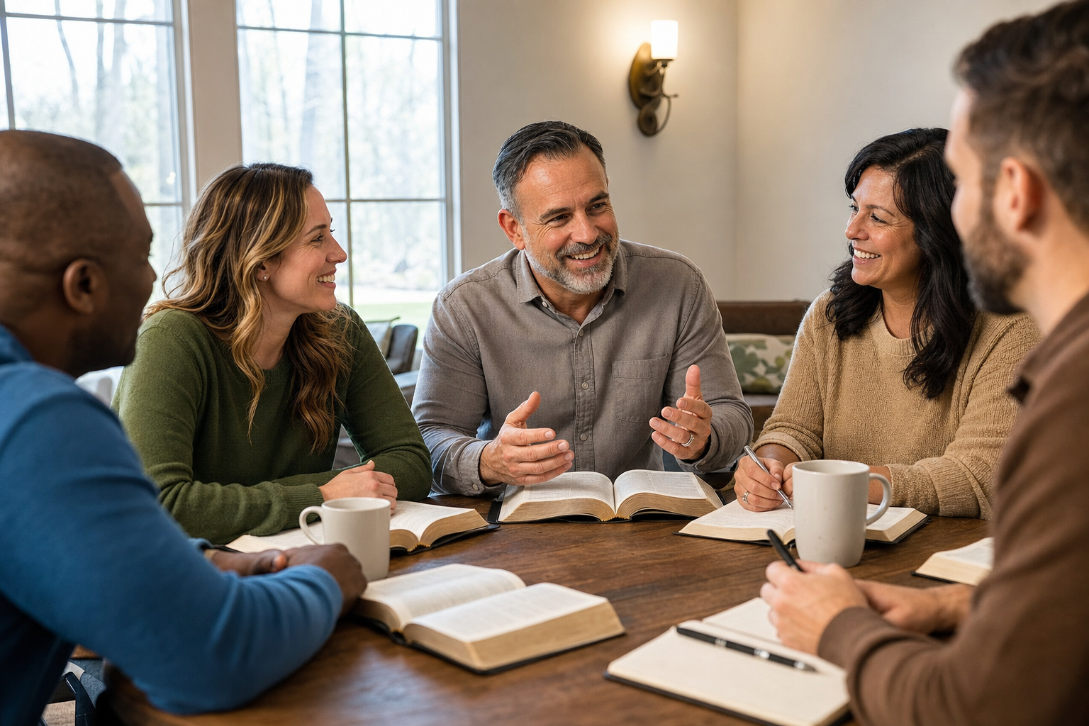 Christians studying the Bible together around table