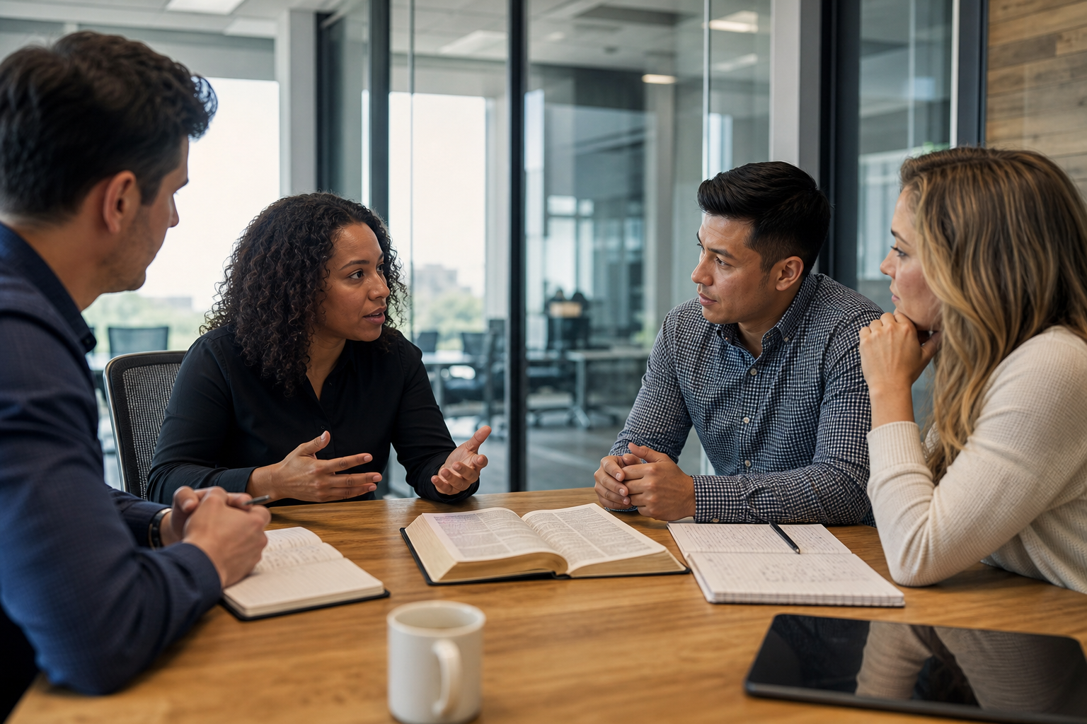 Coworkers discussing a difficult decision beside an open Bible