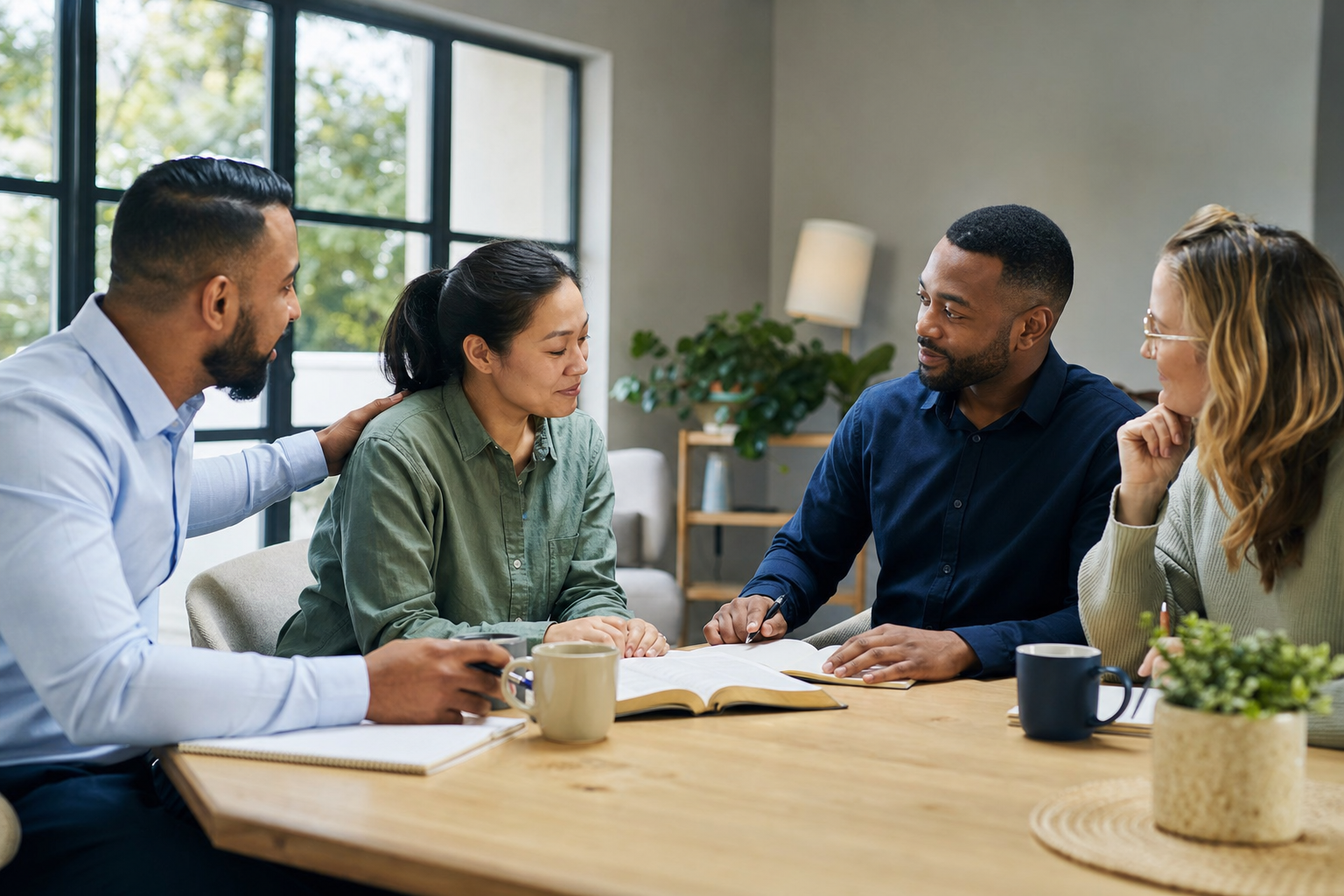 Diverse Christians studying the Bible around a table
