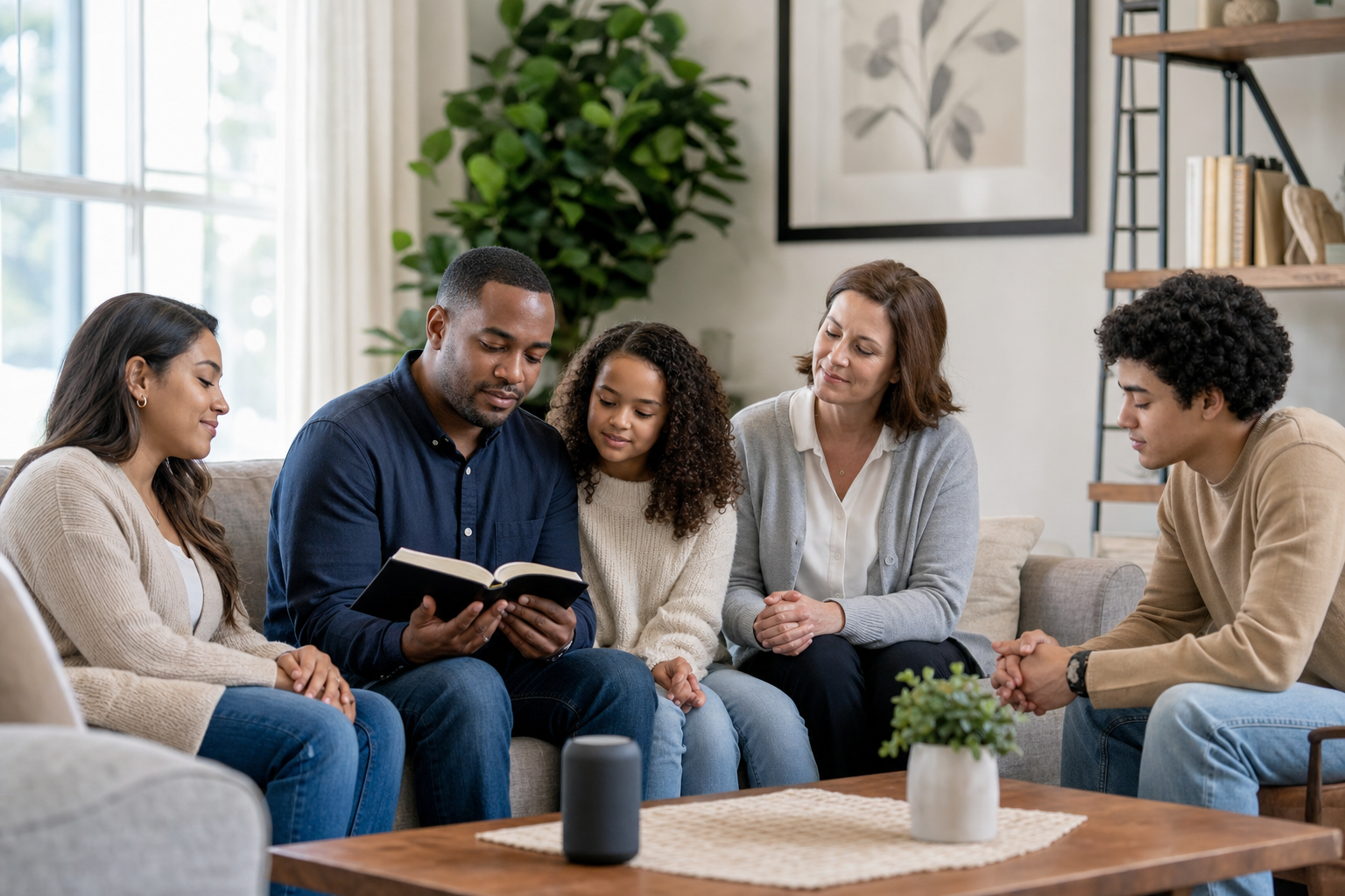 Family and young adult listening to worship music with Bible