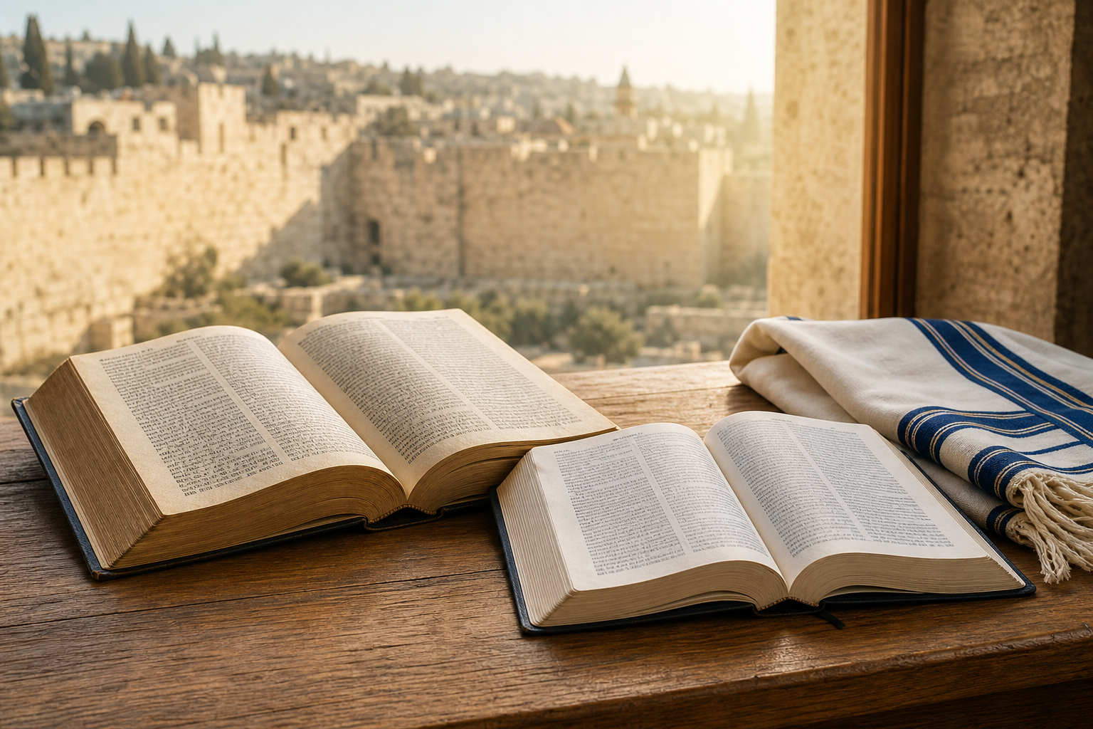 Hebrew Bible and New Testament beside a prayer shawl