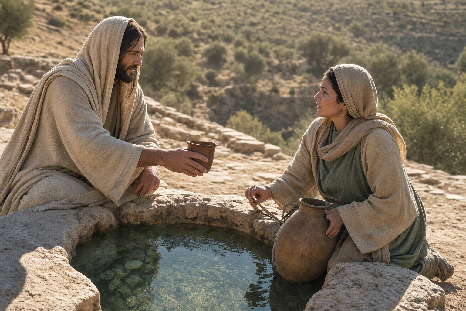 Jesus offers water to the Samaritan woman beside the well