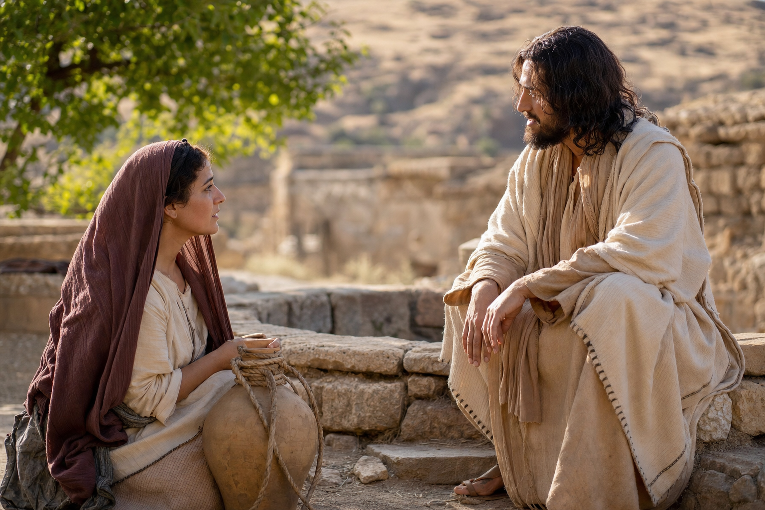 Jesus speaks with the Samaritan woman beside Jacob’s well