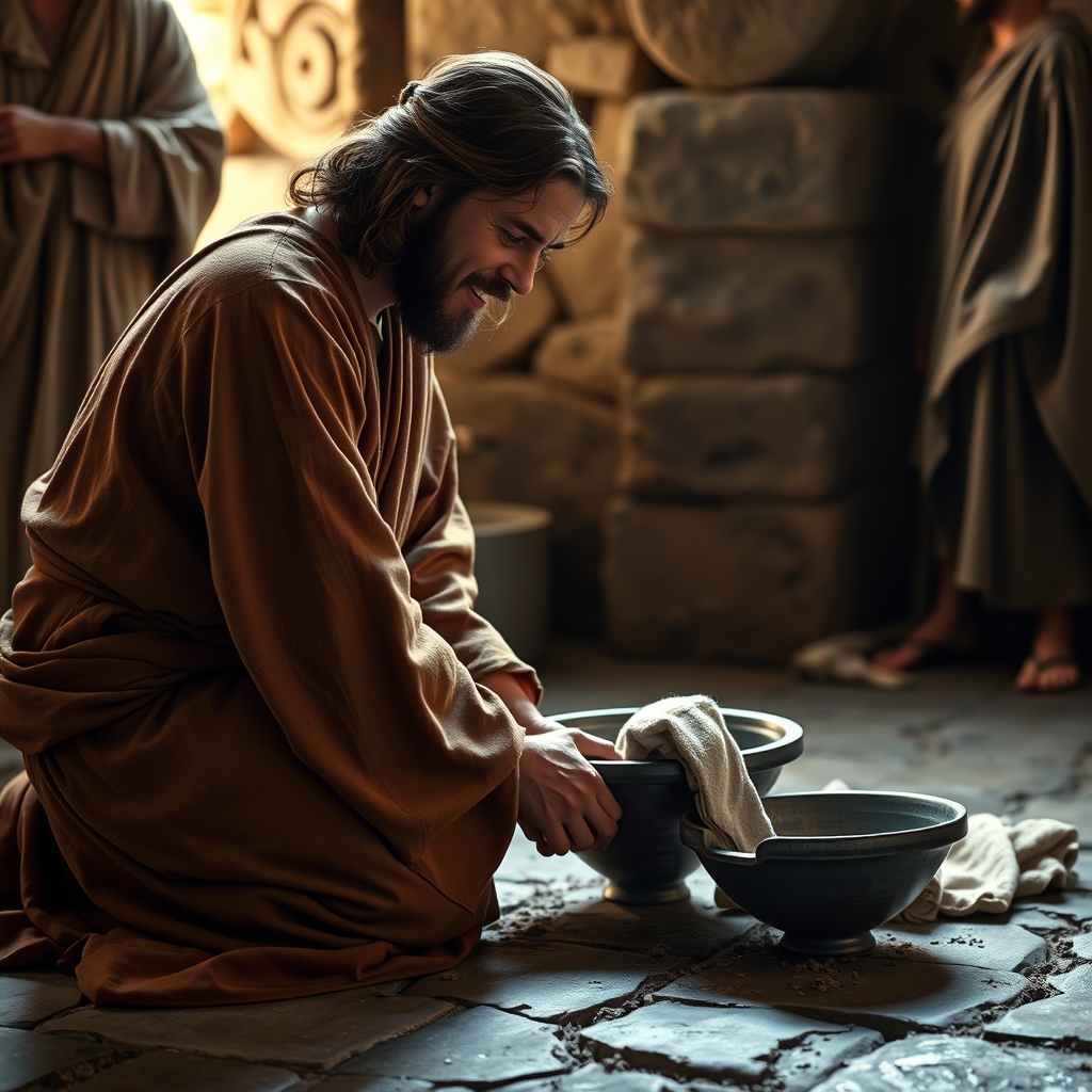 Jesus washes a disciple’s dusty feet with a towel