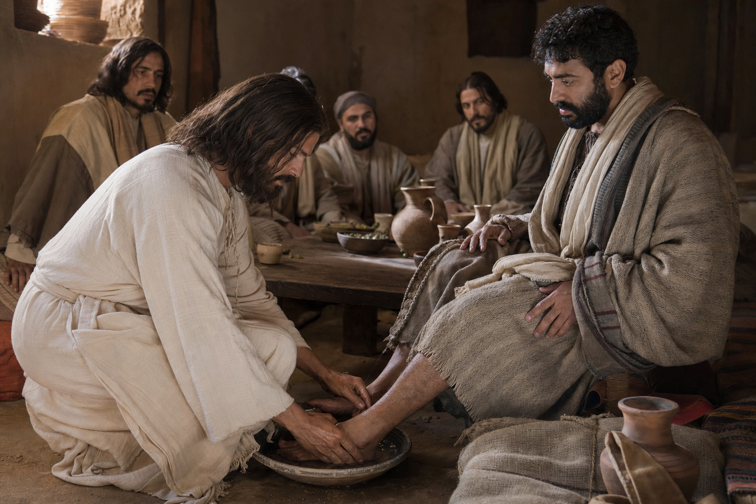Jesus washes a disciple’s feet beside a basin